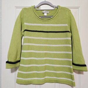 Christopher & Banks Lime Green White Striped Knit Sweater Womens M 3/4 Sleeve